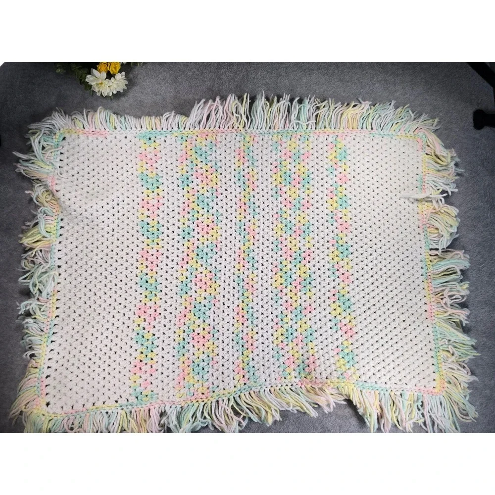 Vintage Handmade Crochet Pastel Rainbow Baby Blanket Fringe Tassel Trim 38x29